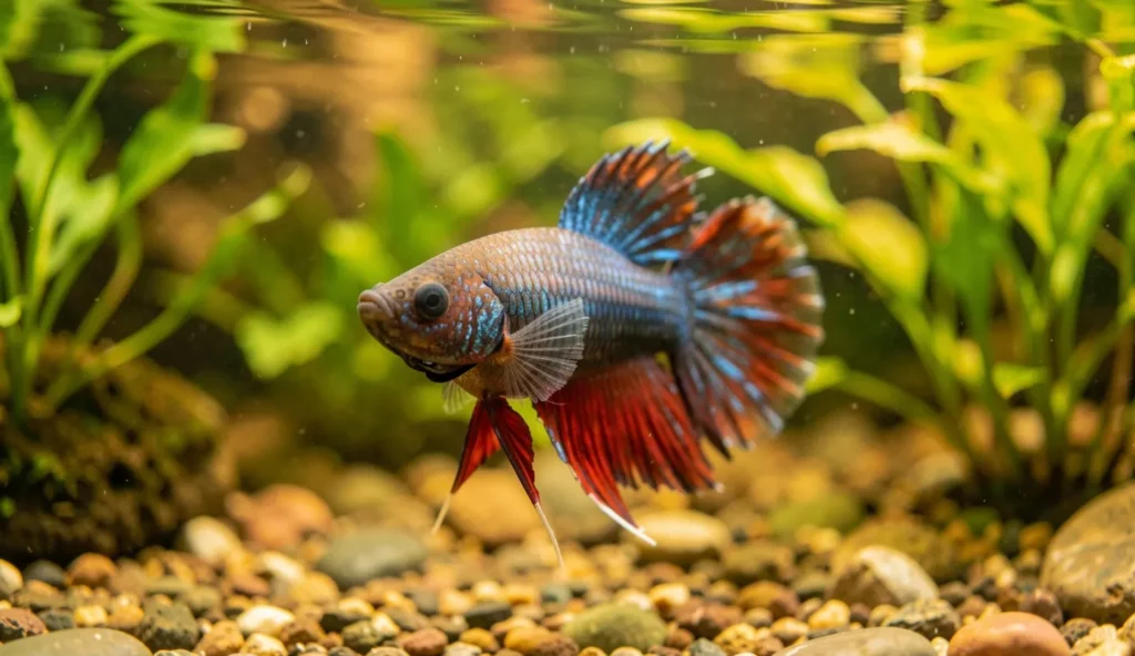 A Betta splendens fish swimming near the surface in a heated freshwater aquarium with live plants and gentle lighting.