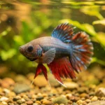 A Betta splendens fish swimming near the surface in a heated freshwater aquarium with live plants and gentle lighting.