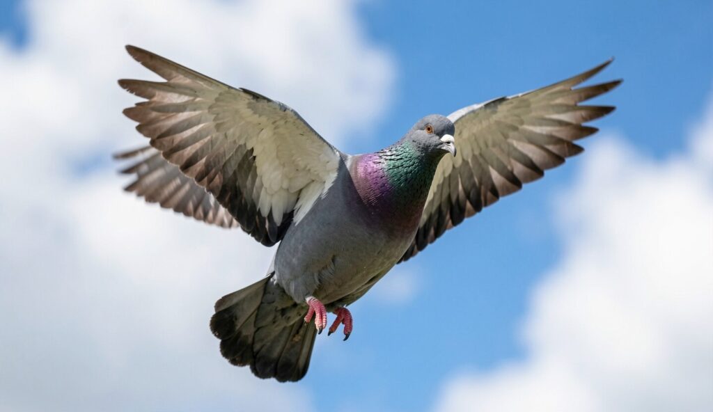 Birmingham Roller pigeon performing a backward tumbling somersault in flight against a blue sky with clouds.