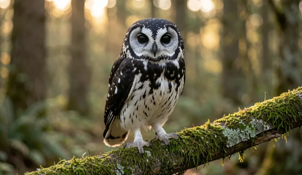 Close up of a Black and White Owl on a branch in a forest at dawn