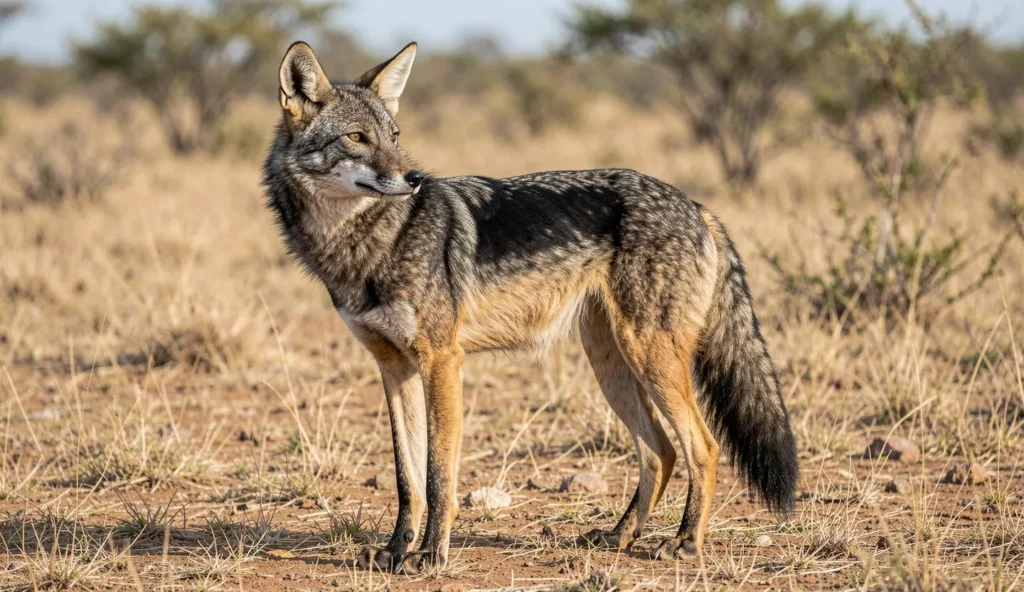A black-backed jackal standing in savanna grass with a visible black saddle along its back.