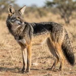 A black-backed jackal standing in savanna grass with a visible black saddle along its back.