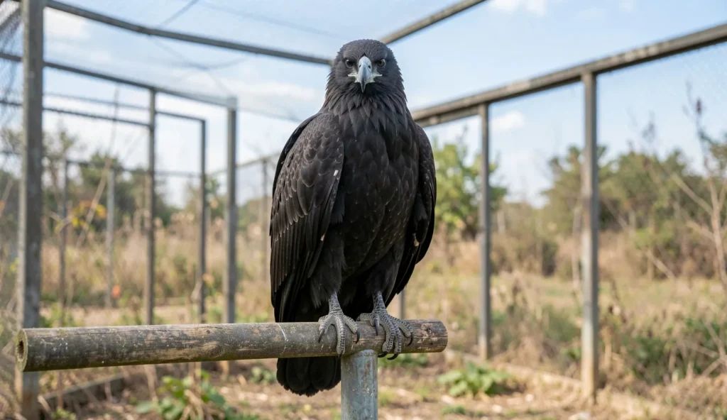 A black eagle perched on a sturdy aviary perch in natural daylight, gripping the perch with talons and looking alert.