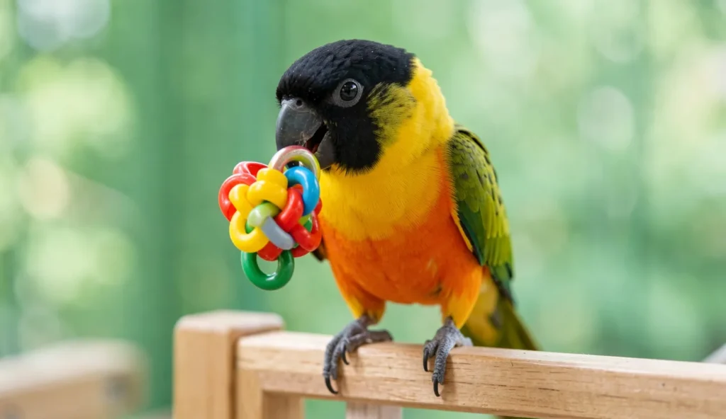Black Headed Caique parrot playing with a colorful toy on a wooden perch