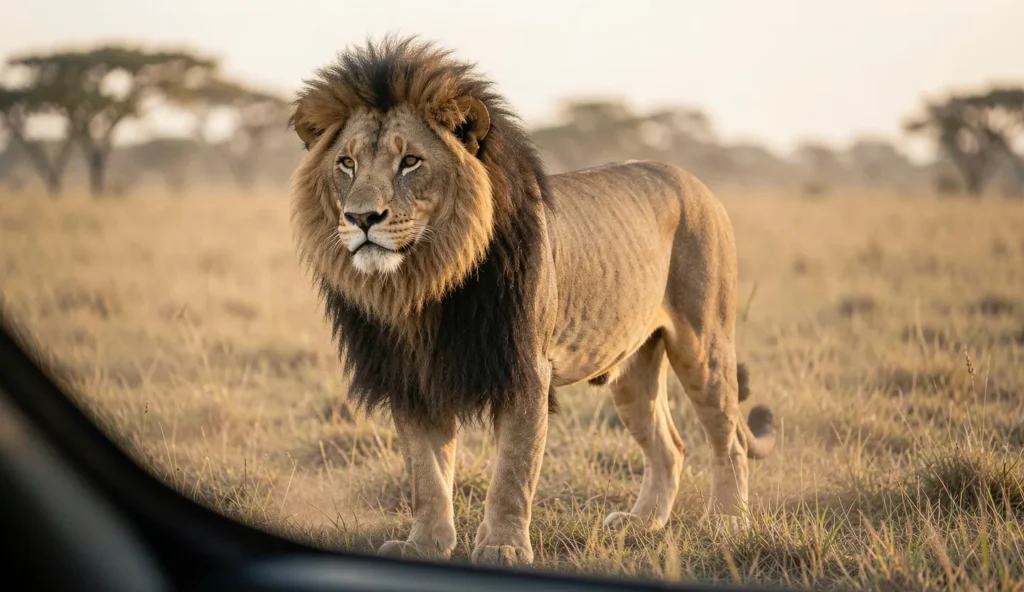 Male lion with a very dark mane standing on savanna grass in golden-hour light with distant trees in the background