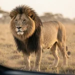 Black Maned Lion – Dark Mane, Transvaal Lion Traits & Complete Guide Male lion with a very dark mane standing on savanna grass in golden-hour light with distant trees in the background