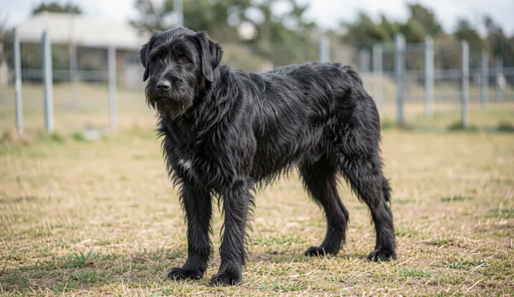 A Black Russian Terrier standing calmly in an outdoor yard with a dense black wiry coat in natural light.
