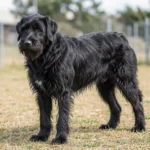Black Russian Terrier – Soviet Guard Dog Temperament, Size & Complete Care Guide A Black Russian Terrier standing calmly in an outdoor yard with a dense black wiry coat in natural light.