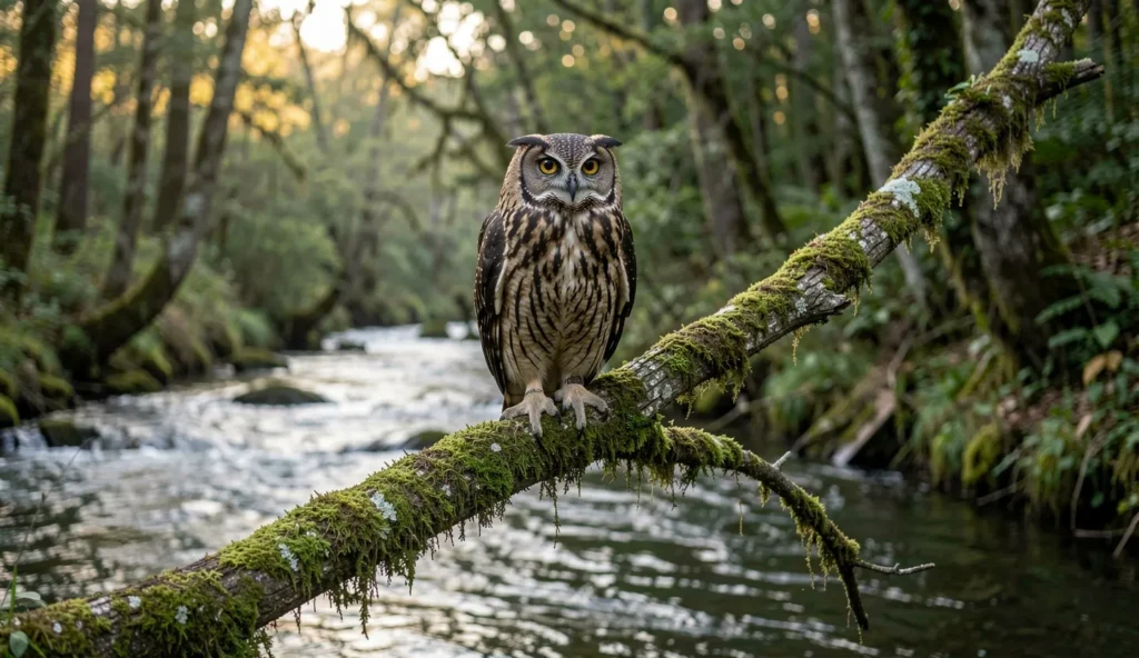 A large Blakiston Fish Owl perched on a mossy branch beside a misty river in a dense riverine forest.