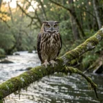 Blakiston Fish Owl – The Giant Fisher Of The East & Complete Conservation Guide A large Blakiston Fish Owl perched on a mossy branch beside a misty river in a dense riverine forest.