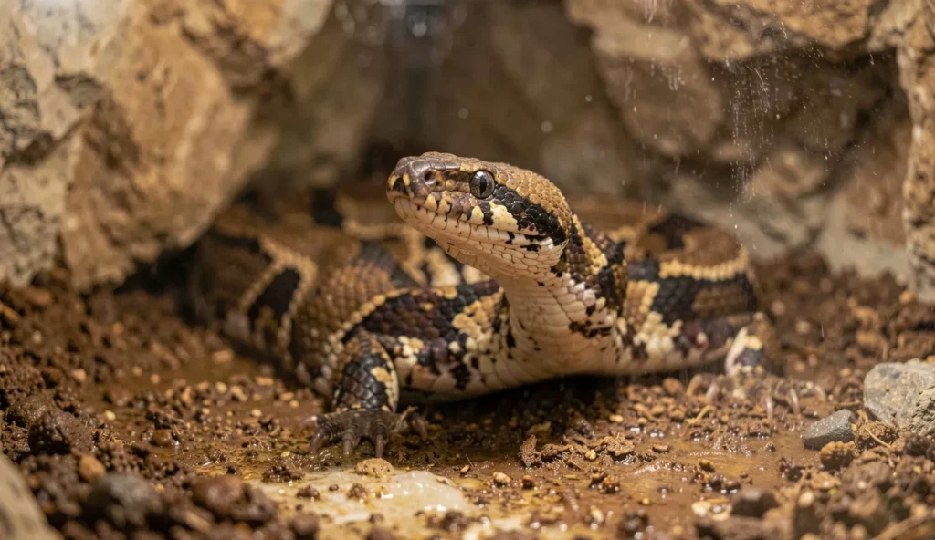 A blood python resting in a warm hide with its head slightly raised inside an indoor enclosure.