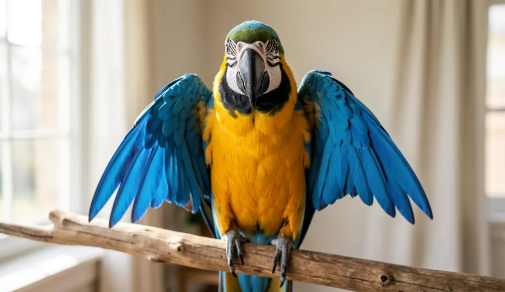 Blue and Gold Macaw perched on a wooden branch in a sunlit room, showing its blue wings and golden chest.