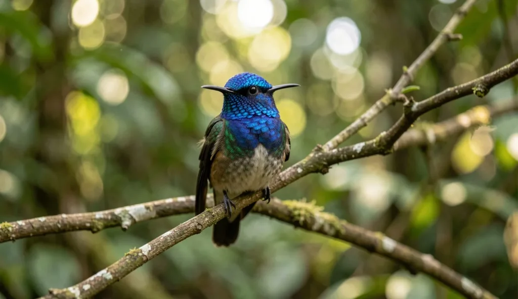 Blue-Capped Hummingbird perched on a branch in a Bolivian cloud forest with a vivid blue crown