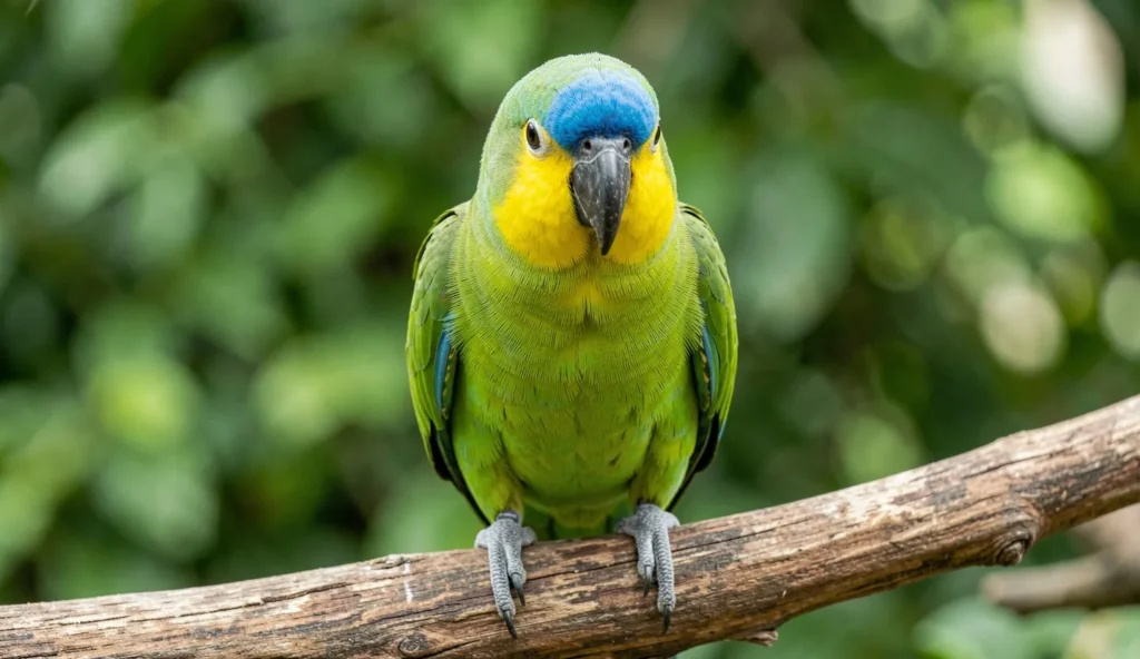 A Blue Fronted Amazon parrot sitting on a wooden perch, displaying green plumage, yellow face, and blue forehead marking.