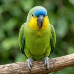 Blue Fronted Amazon Parrot Personality And Care Guide A Blue Fronted Amazon parrot sitting on a wooden perch, displaying green plumage, yellow face, and blue forehead marking.
