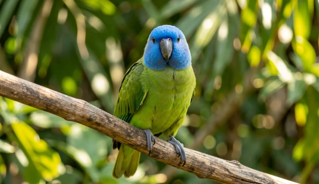 A Blue Headed Pionus parrot with a vivid blue head and green body perching on a wooden branch in natural light.