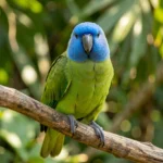 A Blue Headed Pionus parrot with a vivid blue head and green body perching on a wooden branch in natural light.