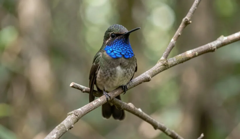Blue-throated Hummingbird perched on a branch showing its blue throat in a lush forest setting.