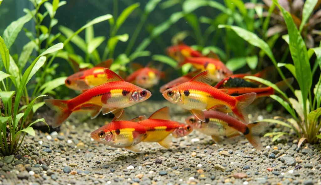 Boesemani rainbowfish swimming in a group in a planted aquarium under natural style lighting