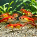 Boesemani Rainbowfish – Color, Care, Diet, Lighting & Schooling Guide Boesemani rainbowfish swimming in a group in a planted aquarium under natural style lighting