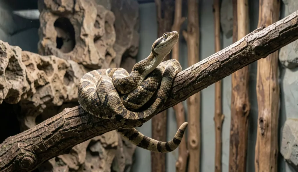 A Boiga tree snake coiled on a branch inside a tall terrarium at night, showing its slender arboreal body and alert head posture.