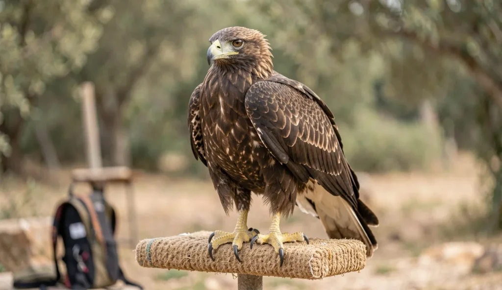 Bonelli eagle perched on a natural-textured perch in a secure outdoor raptor enclosure during a calm welfare check.