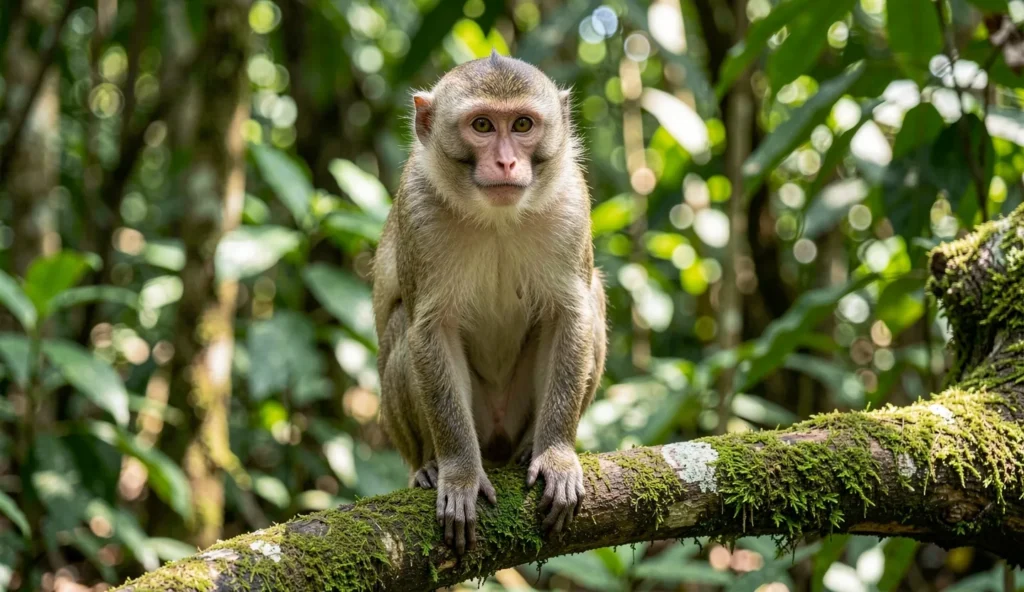 Bonnet Macaque perched on a branch in a dense Indian forest with a calm gaze