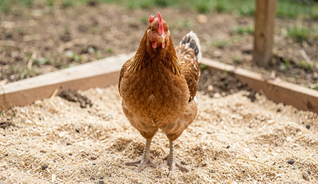 A booted bantam chicken standing in a dry run with feathered legs visible near clean bedding.
