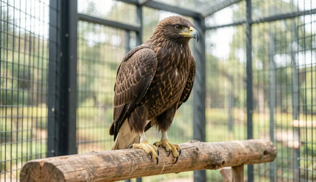 A booted eagle perched calmly on a sturdy perch inside a secure enclosure, looking to the side in natural light.