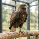 Booted Eagle – Size, Behavior, Diet And Complete Care Guide A booted eagle perched calmly on a sturdy perch inside a secure enclosure, looking to the side in natural light.