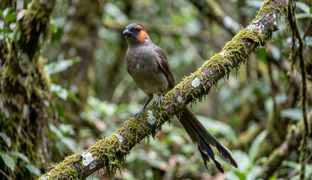 Male Booted Racket-tail perched on a branch in the Andean forest showing racket tail tips