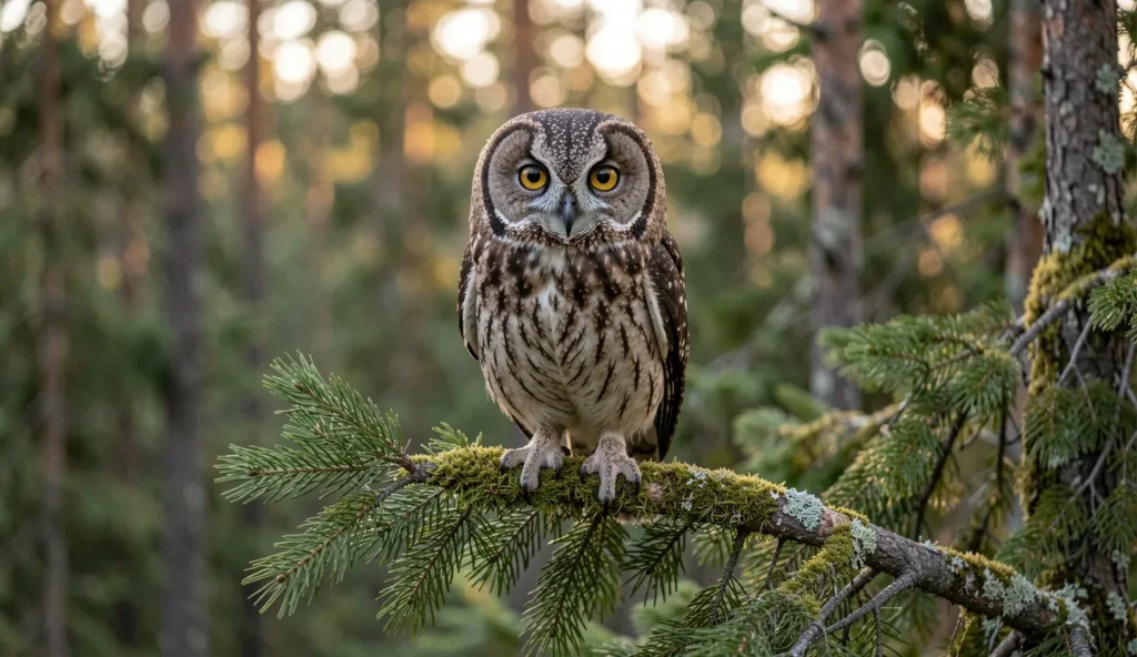 Close up of a Boreal Owl perched in a snowy taiga forest.