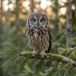 Close up of a Boreal Owl perched in a snowy taiga forest.