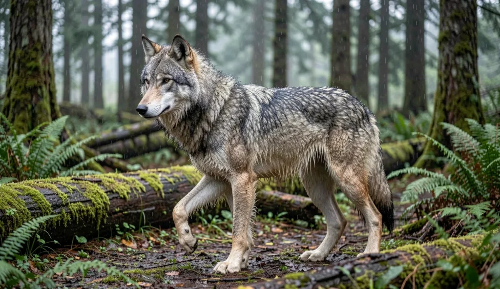 Gray wolf in a coastal rainforest with wet fur, standing mid-step on a mossy forest floor under overcast light.