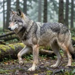 British Columbia Wolf – Physical Features, Range, and Adaptation Guide Gray wolf in a coastal rainforest with wet fur, standing mid-step on a mossy forest floor under overcast light.