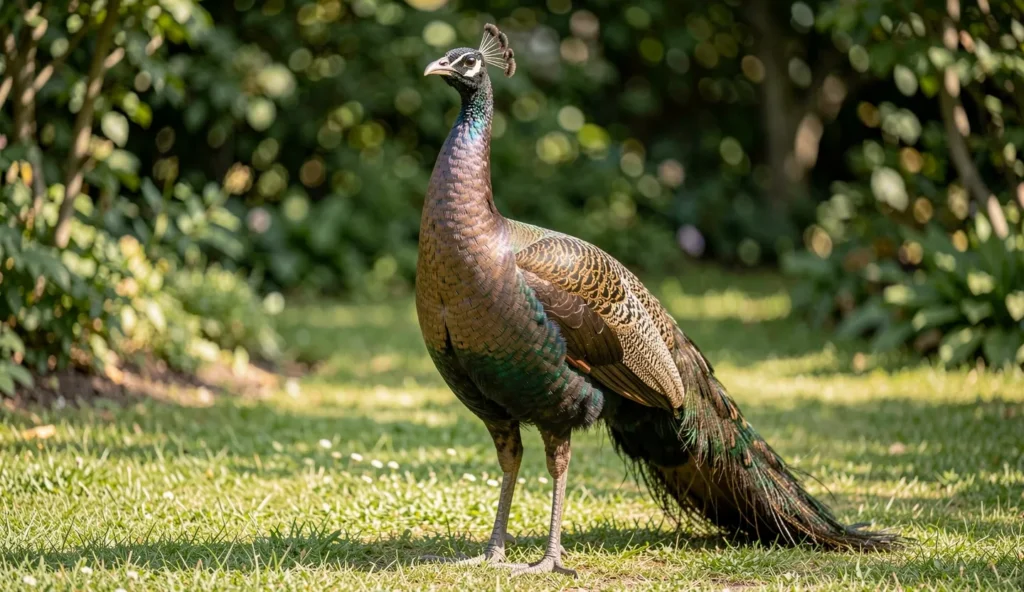 Bronze peafowl in a garden setting highlighting bronze plumage and natural surroundings.