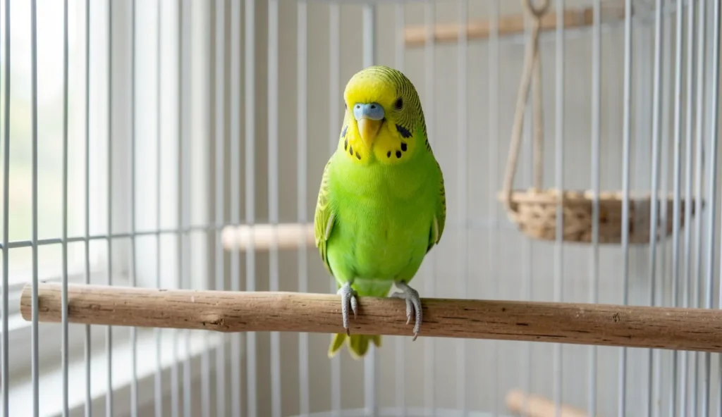 A green budgie parakeet sitting on a branch inside a cage with natural light coming from a window