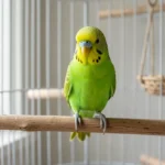 A green budgie parakeet sitting on a branch inside a cage with natural light coming from a window