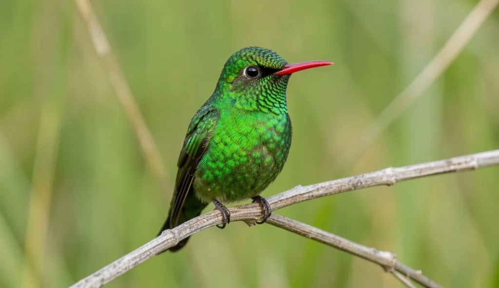 Buff-Bellied Hummingbird perched on a branch in a coastal Texas marsh with bright green plumage and a red bill