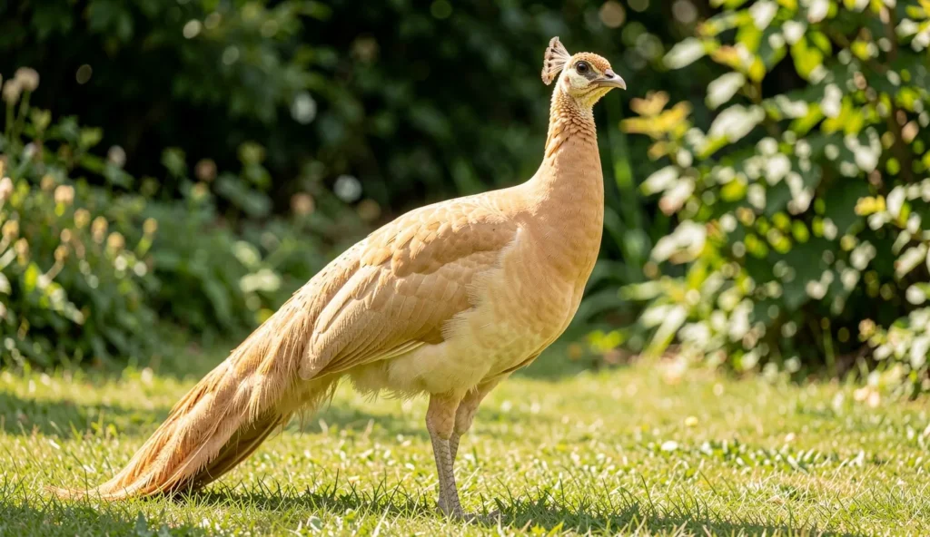 Buff peafowl in a garden setting displaying warm tan plumage