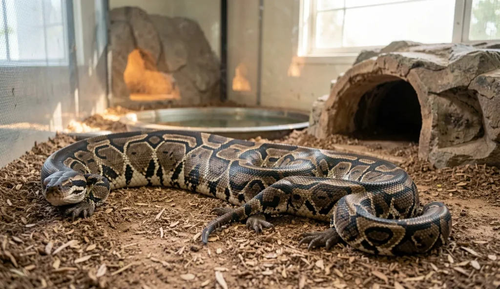 A Burmese python stretched out inside a spacious enclosure with a water dish, warm basking area, and hide.
