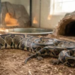Burmese Python – Size and Enclosure Requirements With Complete Care Guide A Burmese python stretched out inside a spacious enclosure with a water dish, warm basking area, and hide.