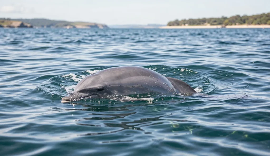 A dolphin swims near the ocean surface in coastal waters, with its dorsal fin visible and small waves around it.