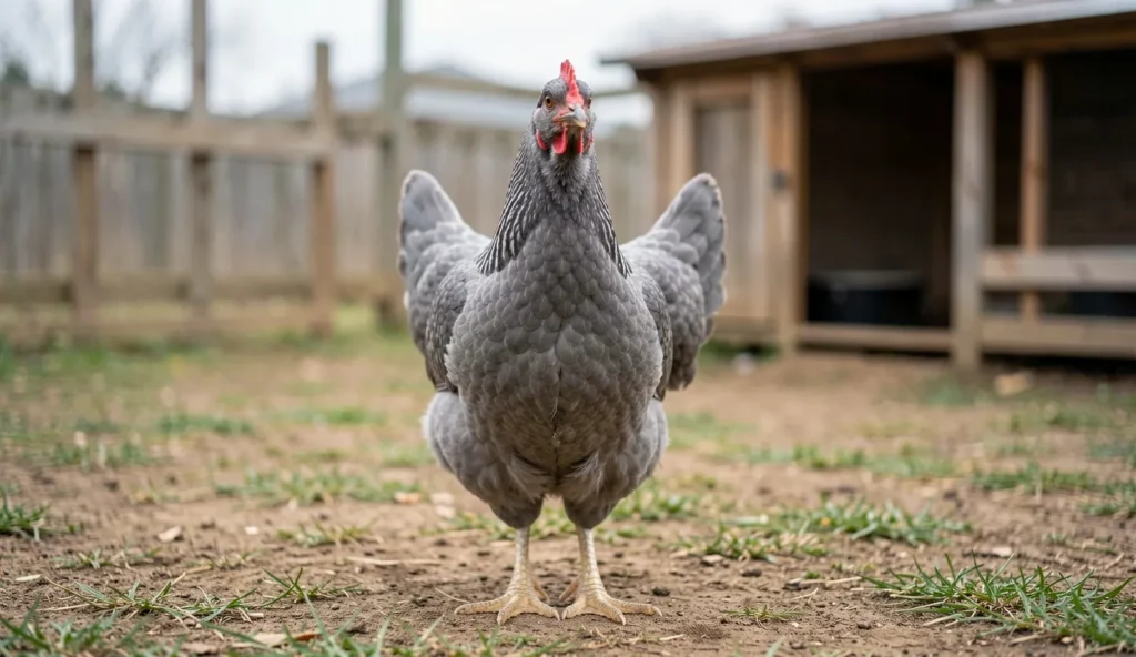 A California Gray chicken stands alert in an outdoor run with soft overcast lighting.