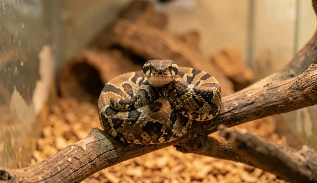 A California kingsnake resting in a terrarium with its head raised under warm light
