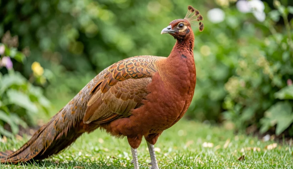 Cameo Peafowl displaying reddish brown plumage in a natural garden setting