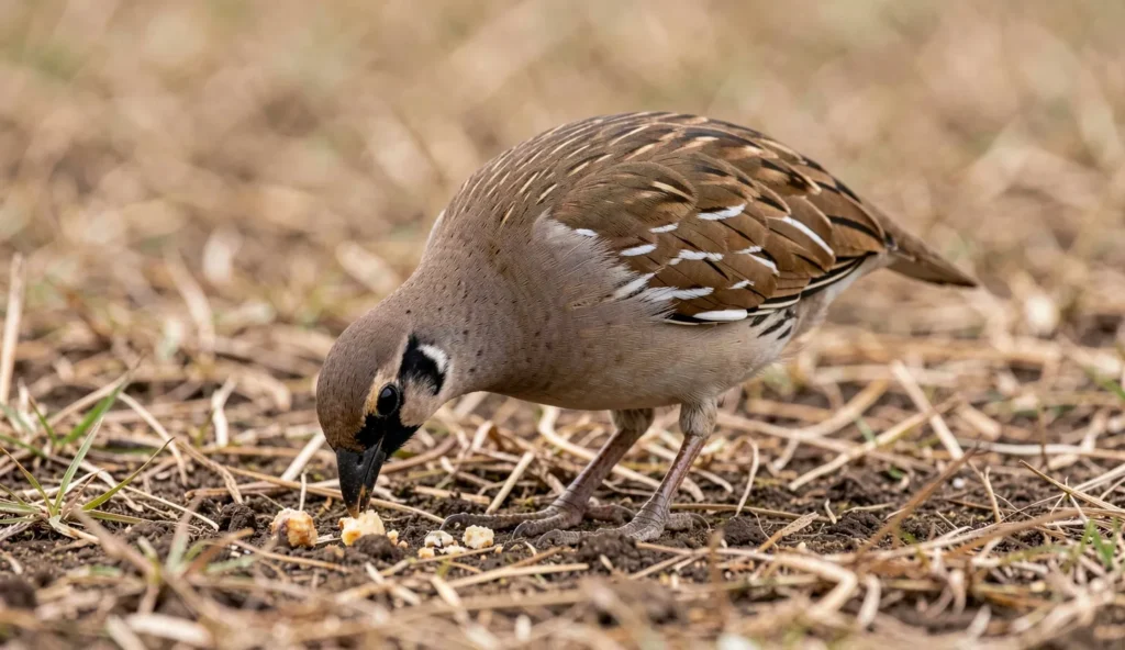 Cape Francolin foraging on the ground with head lowered in a natural outdoor setting.