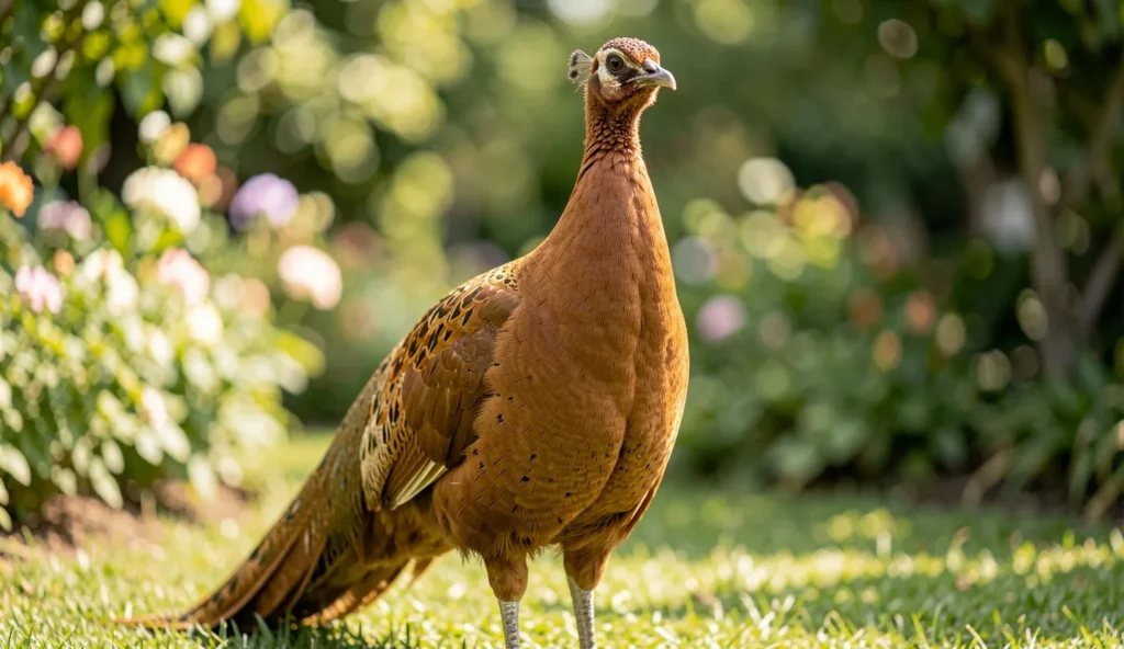 Close up portrait of a cappuccino peafowl in a garden showing coffee colored plumage.