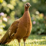 Cappuccino Peafowl – Coffee Colored Mutation & Complete Breed Guide Close up portrait of a cappuccino peafowl in a garden showing coffee colored plumage.