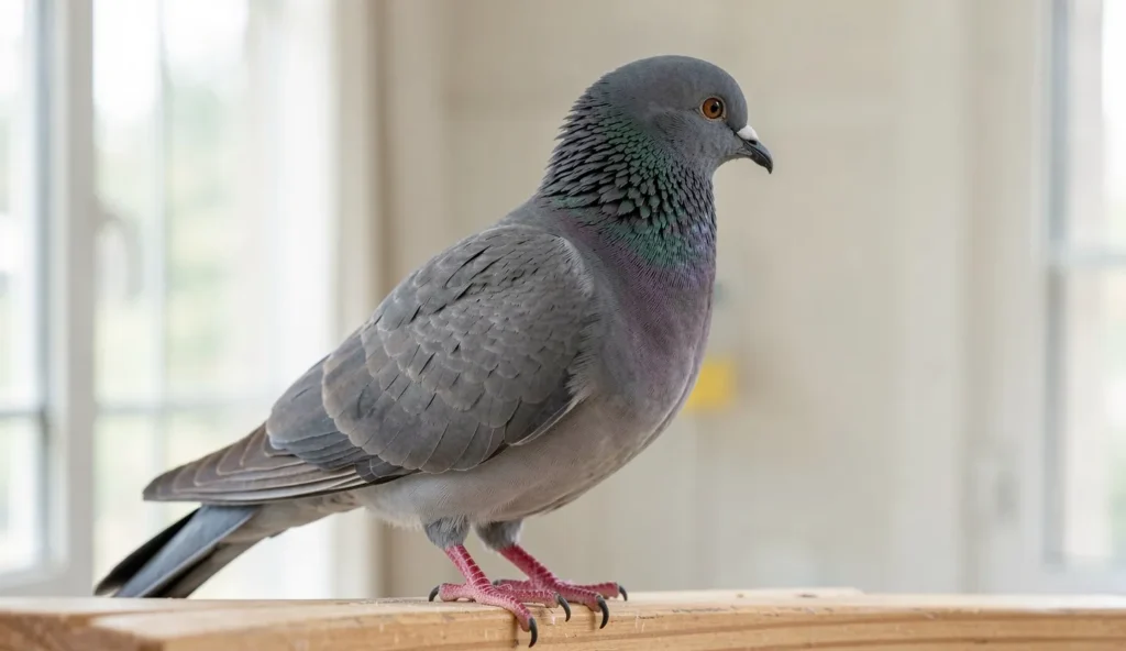 Side profile of a Capuchin pigeon showing its distinctive hood of feathers behind the head and neck, perched on wood in an indoor aviary.